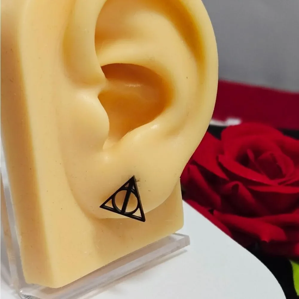 Deathly Hallows Stud Earrings Matte Black Harry Potter Inspired Minimalist Edge